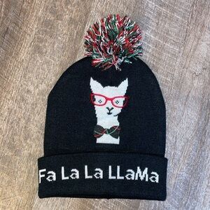 Fa La La Llama Ugly Christmas Black Knit Pom Pom Beanie Hat unisex